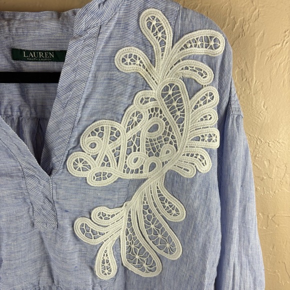 Lauren Ralph Lauren Blue Linen Embellished Crochet Lace Long Sleeve Blouse Large - Picture 4 of 10